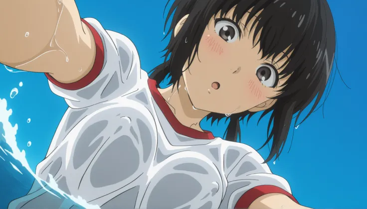  anime, best quality, masterpiece, very aesthetic, (anime coloring, anime screenshot), official art, illustration, Tamako, wet shirt, gym shirt, partially submerged, ocean, covered nipples, looking at viewer, :o, blush, close-up of chest, looking down, fro...
