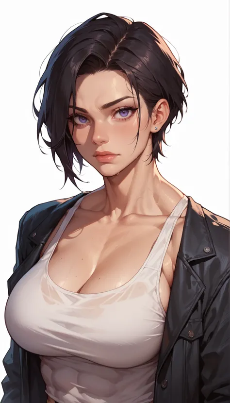 1girl, black hair, collarbone, black jacket, large breasts, looking at viewer, shirt, short hair, solo, tank top, upper body, white shirt, white tank top, showing abs, muscular female,