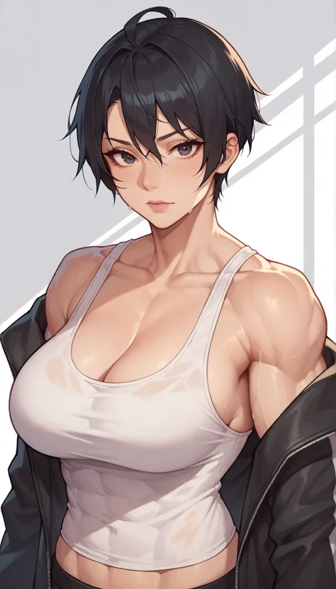 1girl, black hair, collarbone, black jacket, large breasts, looking at viewer, shirt, short hair, solo, tank top, upper body, white shirt, white tank top, showing abs, muscular female,