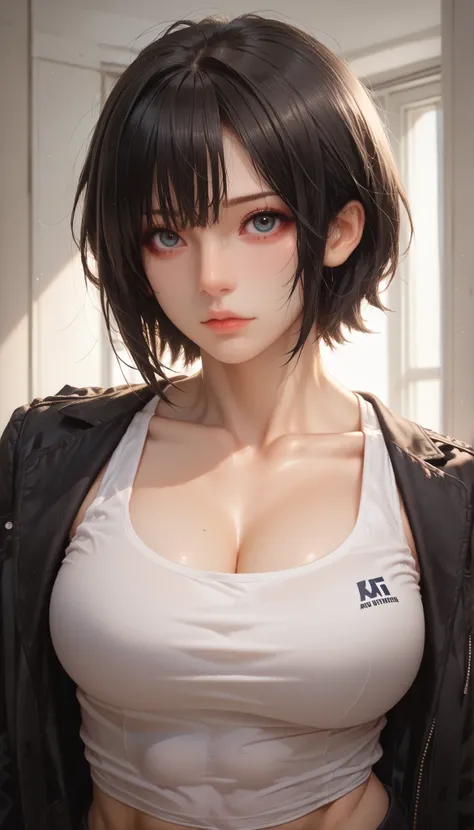 1girl, black hair, collarbone, black jacket, large breasts, looking at viewer, shirt, short hair, solo, tank top, upper body, white shirt, white tank top, showing abs, muscular female,