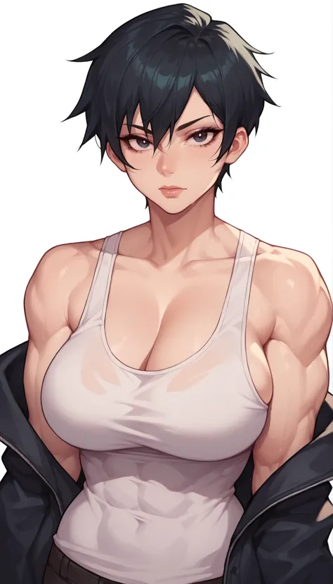 1girl, black hair, collarbone, black jacket, large breasts, looking at viewer, shirt, short hair, solo, tank top, upper body, white shirt, white tank top, showing abs, muscular female,