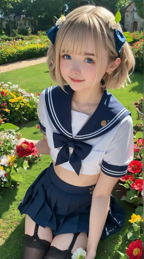 sailor suit , college student , young, cute girl,masterpiece, skirt for ears :1.5、 black stockings、 black garter belt 、Tokijin Royal Palace、garden、Flower Field、