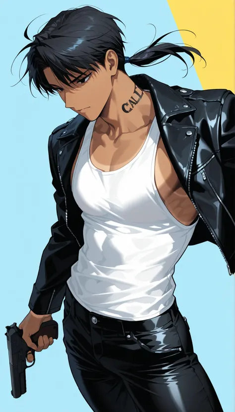 high resolution, masterpiece, best quality, high resolution, masterpiece, 1 man, background, black hair, black eyes, handsome, outdoor, illustration, dark skin, gradation eyes, Refreshing, Age in their 20s, muscled body, slightly large eyes, (white tank to...