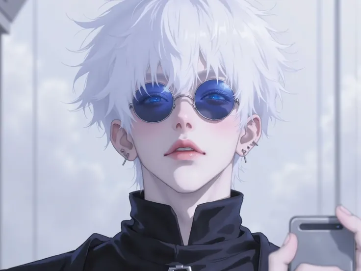 ((점수_9,점수_8_위로)), GOJO SATURO, Portrait of Gojo Satoru from "Jujutsu Kaisen", upper body only, facing forward with a calm and confident expression. White hair, blue sunglasses, wearing a high-collared black uniform. anime style, detailed lighting, soft sha...