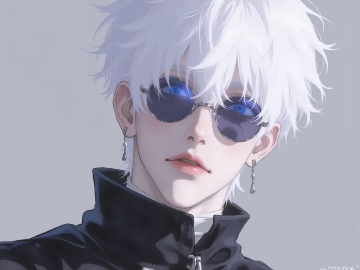((점수_9,점수_8_위로)), GOJO SATURO, Portrait of Gojo Satoru from "Jujutsu Kaisen", upper body only, facing forward with a calm and confident expression. White hair, blue sunglasses, wearing a high-collared black uniform. anime style, detailed lighting, soft sha...