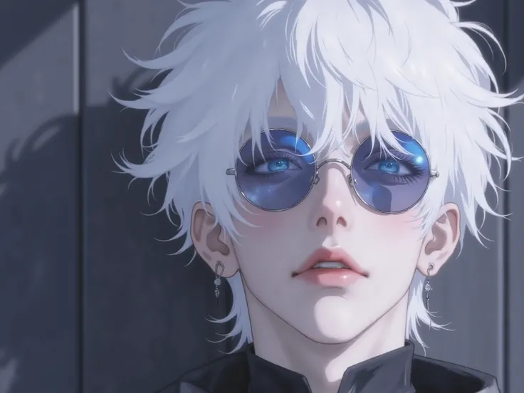 ((점수_9,점수_8_위로)), GOJO SATURO, Portrait of Gojo Satoru from "Jujutsu Kaisen", upper body only, facing forward with a calm and confident expression. White hair, blue sunglasses, wearing a high-collared black uniform. anime style, detailed lighting, soft sha...