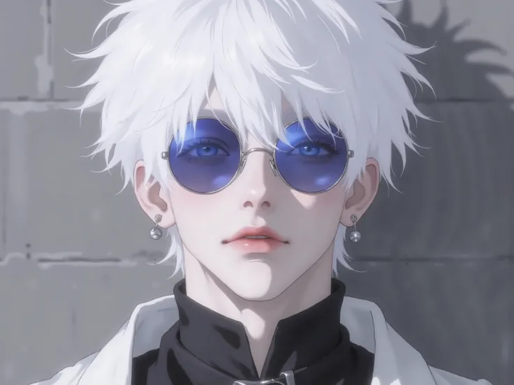 ((점수_9,점수_8_위로)), GOJO SATURO, Portrait of Gojo Satoru from "Jujutsu Kaisen", upper body only, facing forward with a calm and confident expression. White hair, blue sunglasses, wearing a high-collared black uniform. anime style, detailed lighting, soft sha...