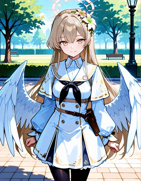 Masterpiece, hd, best quality, nagisa, blue archive, smile, light brown eyes, sailor collar, white dress, long sleeves, neckerchief, black pantyhose, capelet, halo,shiny halo, long hair, light brown hair, flower hair ornaments, feathers, feathered wings, a...