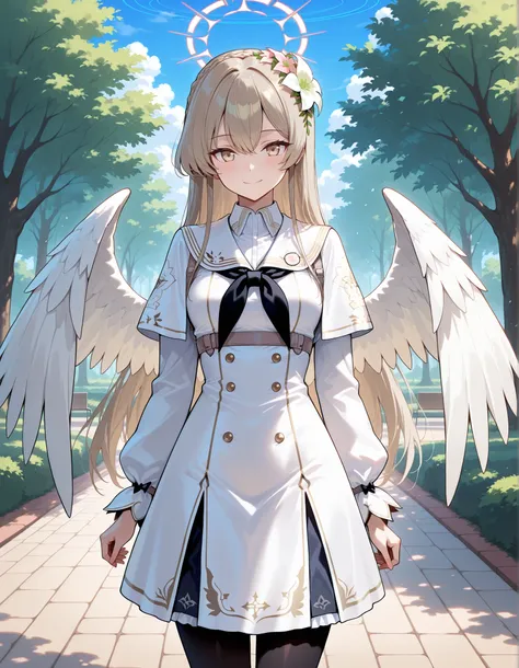 Masterpiece, hd, best quality, nagisa, blue archive, smile, light brown eyes, sailor collar, white dress, long sleeves, neckerchief, black pantyhose, capelet, halo,shiny halo, long hair, light brown hair, flower hair ornaments, feathers, feathered wings, a...