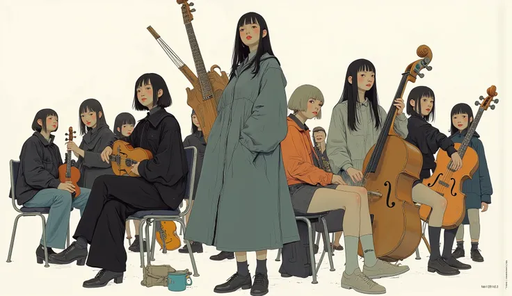 Women in an orchestra posing with instruments ,  Poster Art  ,Screen Print Poster,  graphic novel cover art,  graphic details  ,Advertisement Art,Poster illustration, Illustrated poster, By Jens Sondergaard  ,Fashion illustration drawn on a watercolor whit...