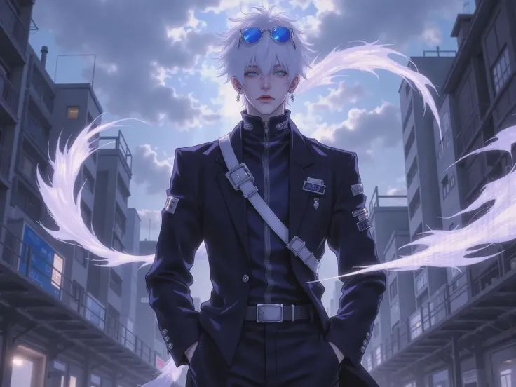 ((점수_9,점수_8_위로)), GOJO SATURO, Portrait of Gojo Satoru from "Jujutsu Kaisen", upper body only, facing forward with a calm and confident expression. White hair, blue sunglasses, wearing a high-collared black uniform. anime style, detailed lighting, soft sha...