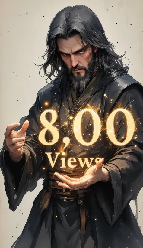 (((article, "Thank you for 8K views ", Add text"Thank you 8K views", holographic big font)))(news style:1.5), (((overlay text on a character))) {x}、(ink wash painting),wizard,
