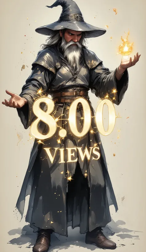 (((article, "Thank you for 8K views ", Add text"Thank you 8K views", holographic big font)))(news style:1.5), (((overlay text on a character))) {x}、(ink wash painting),wizard,