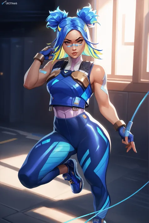 Neon wears a sleeveless sports blouse fitted to the body, with lines that shine in neon blue. She wears blue combat leggings with cybernetic details, and athletic sneakers with thick soles that shine when she runs. She has short finger gloves and electrica...