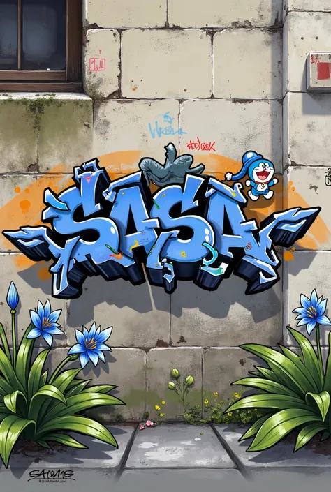 Cool graffiti spelling 'Sasa' on a stone wall background, dorami doll, blue lily, Chinese