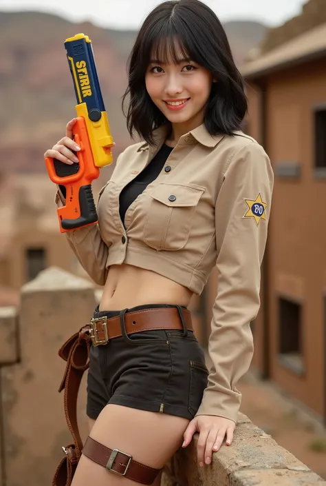 Create a portrait of a stunning Japanese female singer. She has a slim physique, medium-sized bust, and slender legs. Her hair is medium-length, and she is dressed in a Western-style sheriff outfit. She is smiling while holding a toy water gun, set against...