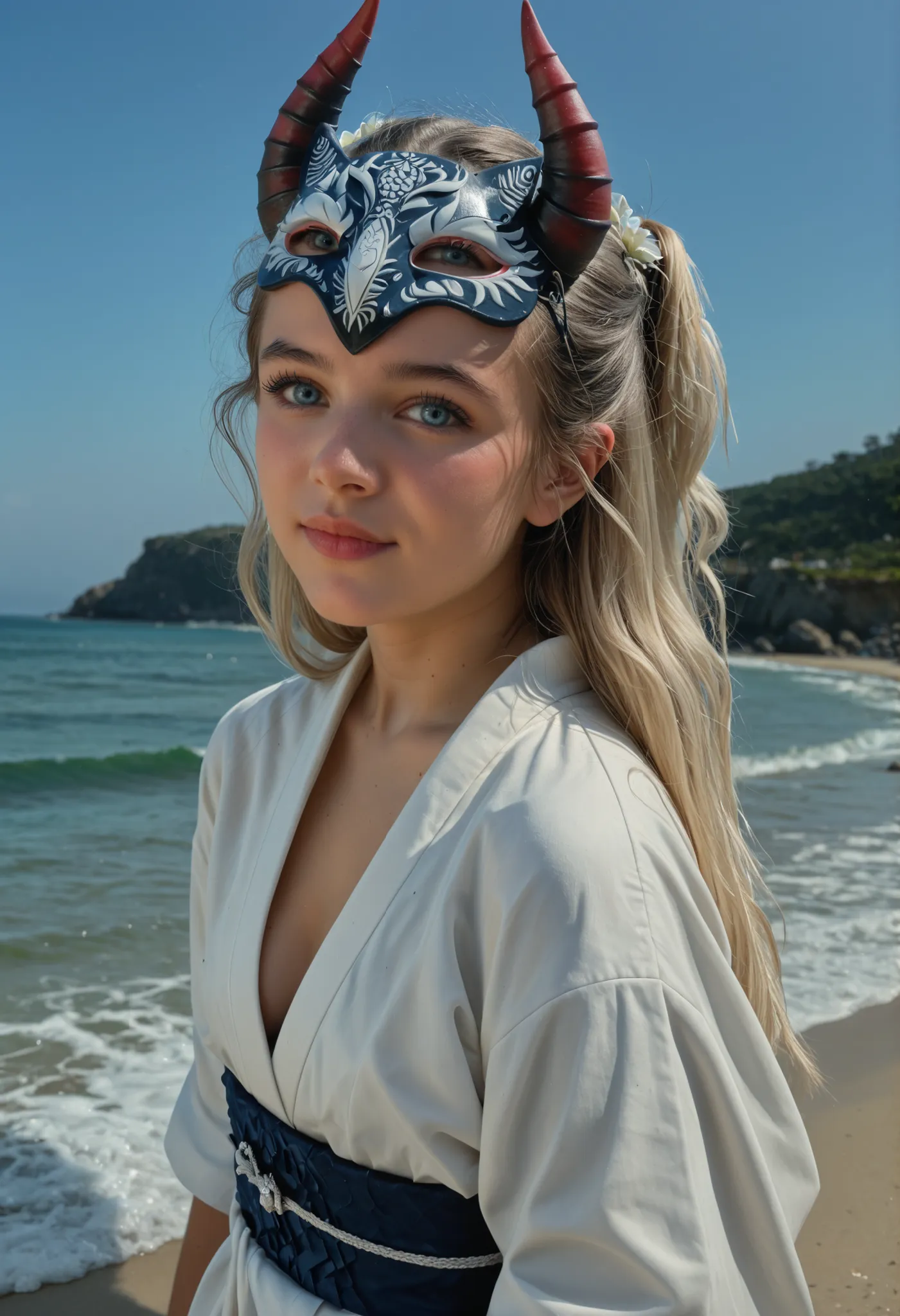 ,masterpiece, best quality, very detailed, score_9, score_8_up, score_7_up, score_6_up, natural white hair color, hair ornament (flower, blue, hair jewelry, pearl, and blue stone), solo, 18 years old, ( solo), outdoor, very sexy, female, bright blue cat ey...