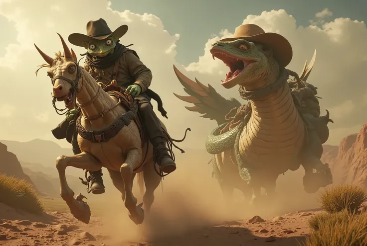 The best quality masterpiece: a ((chameleon with bulging eyes dressed as a cowboy)) riding a slimy, half-plucked rooster, while on land he is pursued by a giant ((rattlesnake wearing a cowboy hat)). The chase causes a stir.
8k, best quality, unreal engine,...
