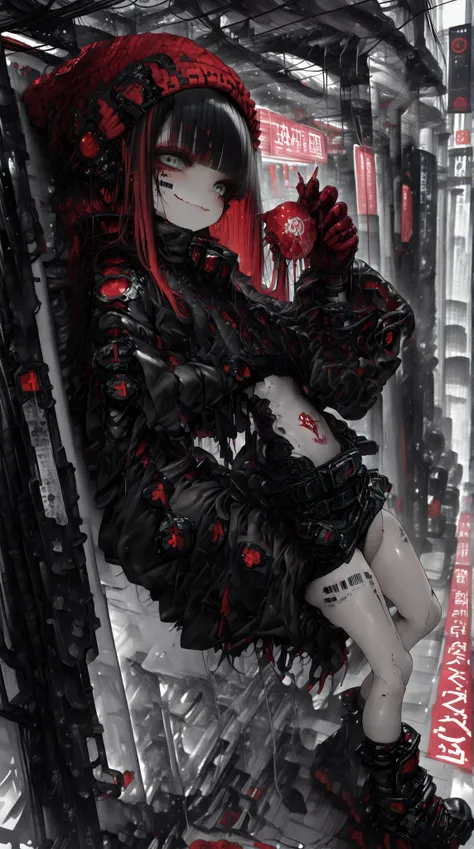 1girl, (((solo))),
full body, from side, diagonal composition, sideway glance, looking at viewer,
holding food, Sword, hand up, leaning back, against wall, cool pose, angled knee, sidewalk, perspective,
blunt bangs, streaked hair, black hair, asymmetrical ...
