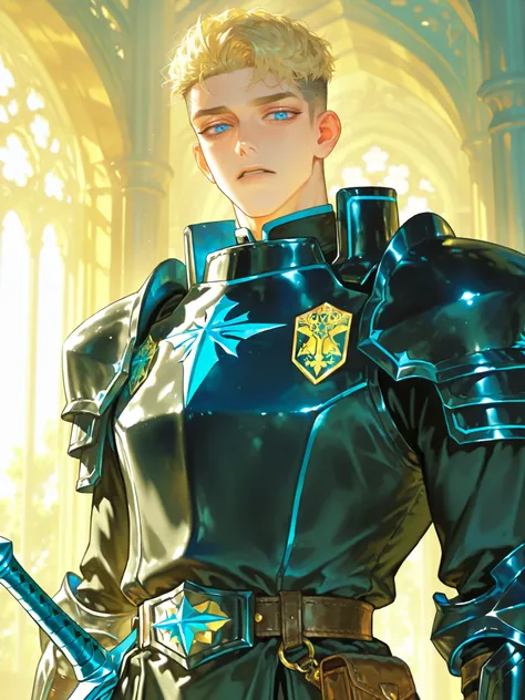 beautiful masterpiece, Complex Details, accurate description,1 person, male,Blonde,handsome,adult,34 year old ,handsome,sharp eyes,Calm vibe ,Short Hair,undercut hair,left Garma,mature, blue eyes ,bright skin,light muscle,black knight uniform,Longsword