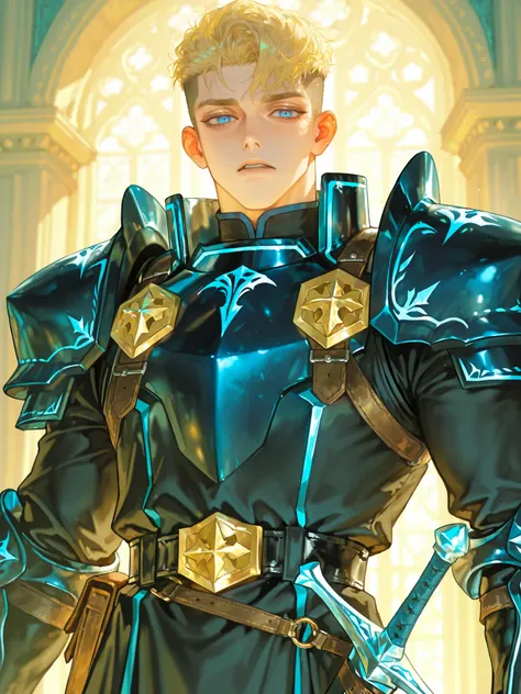 beautiful masterpiece, Complex Details, accurate description,1 person, male,Blonde,handsome,adult,34 year old ,handsome,sharp eyes,Calm vibe ,Short Hair,undercut hair,left Garma,mature, blue eyes ,bright skin,light muscle,black knight uniform,Longsword