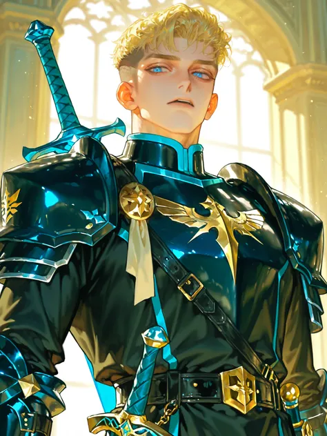 beautiful masterpiece, Complex Details, accurate description,1 person, male,Blonde,handsome,adult,34 year old ,handsome,sharp eyes,Calm vibe ,Short Hair,undercut hair,left Garma,mature, blue eyes ,bright skin,light muscle,black knight uniform,Longsword