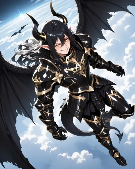 (masterpiece, best quality: 1. 5), highres, 8K, CG, (((Anime))), (1 male), lean body, (strong body, masculine), weredragon, (japanese anime style), glossy black, shiny black leather, ((beautiful golden eyes, finely detailed eyes, bright eyes, vertical iris...