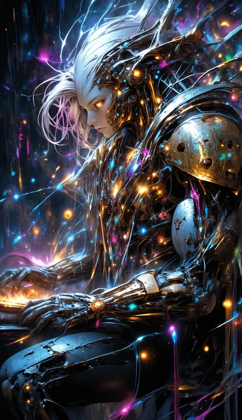 Anime biomechanical woman, ethereal cyberpunk fantasy, metallic wings, glowing runes, pastel colors, silver hair, luminous golden eyes, dreamy forest, soft mist, intricate details, soft lighting, highly detailed, fantasy sci-fi.