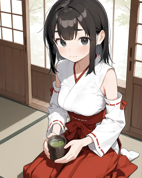 cute girl, schoolgirl, small girl, short girl, tween, (solo), (1girl), (alone), miko, white shirt, white detached sleeves, red trim, long skirt, hakama skirt, red skirt, (medium breasts), skinny, narrow waist, black hair, medium hair, double parted bangs, ...