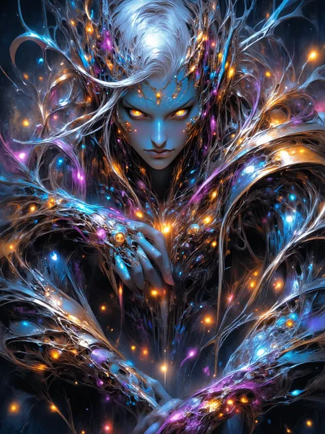 Anime biomechanical woman, ethereal cyberpunk fantasy, metallic wings, glowing runes, pastel colors, silver hair, luminous golden eyes, dreamy forest, soft mist, intricate details, soft lighting, highly detailed, fantasy sci-fi.