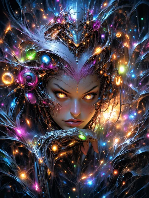 Anime biomechanical woman, ethereal cyberpunk fantasy, metallic wings, glowing runes, pastel colors, silver hair, luminous golden eyes, dreamy forest, soft mist, intricate details, soft lighting, highly detailed, fantasy sci-fi.