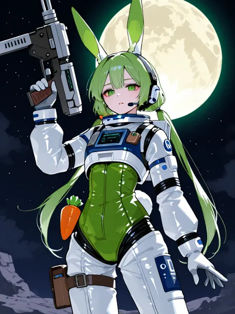 sci-fi worldview、slim spacesuit 、rabbit ears、 Carrot-shaped pouch、woman with green twin tails 、big moon behind it 、mechanical gun、 cool、headset、