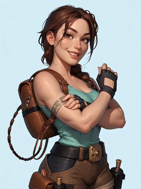 A highly detailed and stylized digital illustration of the athletic and beautiful adventurer Lara Croft, sporting a sensual pose with a flirtatious smile, wearing a teal tank top, brown tactical shorts, two black holsters, black fingerless gloves and a bla...