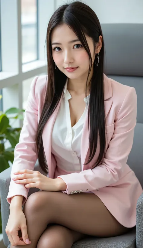 (full body image:1.5), (From the top of her head to the tips of her feet :1.5), (Beautiful leg line from thighs to high heels:1.5), Sleek long black hair , Professional Office Lady with Long Dark Hair, is sitting in a chair with her legs crossed, The heig...