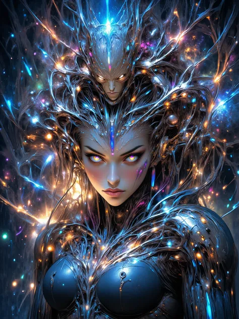 Anime biomechanical woman, ethereal cyberpunk fantasy, metallic wings, glowing runes, pastel colors, silver hair, luminous golden eyes, dreamy forest, soft mist, intricate details, soft lighting, highly detailed, fantasy sci-fi.