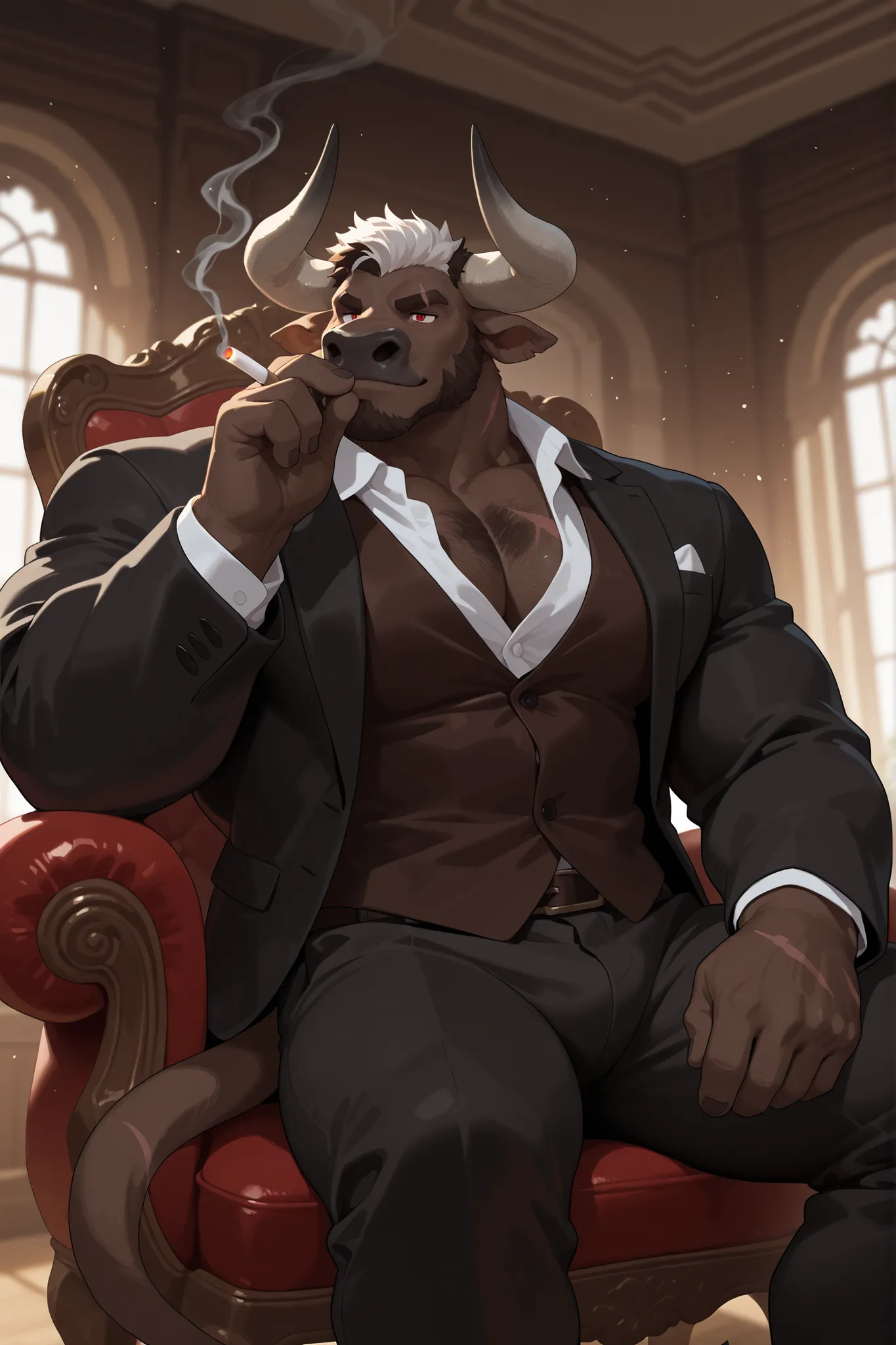 "1 boy, solo, anthro furry, minotaur, bull, large curved horns, brown fur, brown-black beard, dark patterns, red eyes, eyes with scars, white hair, brown-black hair tips, brown-black chest hair, brown eyebrows, brown tail, a dignified figure in a suit, sea...
