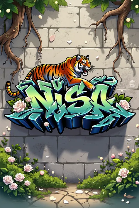 Cool graffiti spelling 'Nisa' on a stone wall background, white rose, white rose, red tiger, creeping roots, Chinese