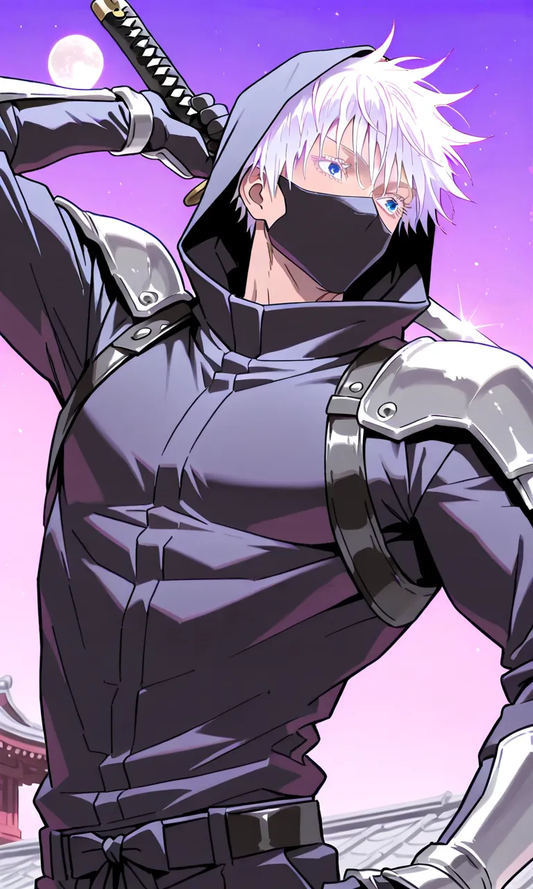 1man, gojou satoru /(jujustu kaisen/), detailed eyes, blue eyes, white hair, short hair, detailed eyelashes, colored eyelashes, sexy man, trained body, muscular, handsome, cool, mature man
scar on right eye, moon, purple sky, standing on a rooftop, temple...