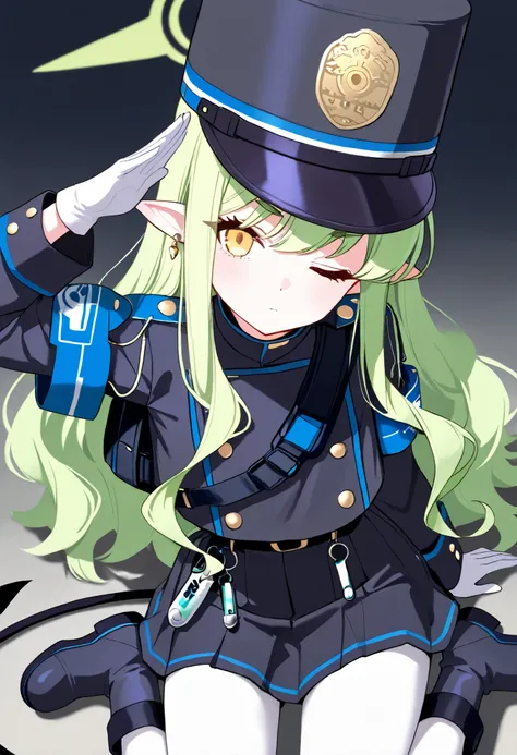 hikari_\(blue archive\),yellow eyes,green hair,long hair,earring,pointy ears,halo,tail,jacket,skirt,arm band,white pantyhose,white gloves,peaked cap,boots,One eye closed,expressionless