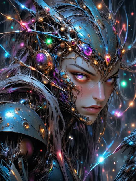Anime biomechanical woman, ethereal cyberpunk fantasy, metallic wings, glowing runes, pastel colors, silver hair, luminous golden eyes, dreamy forest, soft mist, intricate details, soft lighting, highly detailed, fantasy sci-fi.