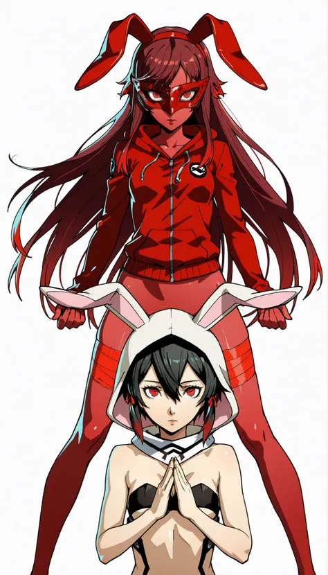 mask face，pt，logoart，art，Red skin，artスタイル，sfwart，職場でも安全art，art作品，full nude，左右対称のart，Red Zippered Hoodie，Rabbit Eared Hood，sfw，small breasts,white background，Reddish-black hair，has red hair tips，Detailed Girls，red eyes，Assassin's Girl，short hair，sharp eyed，...