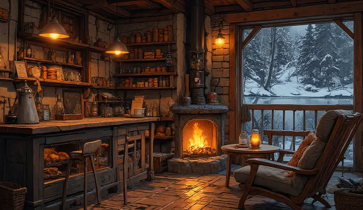 Cozy cabin with fireplace ,g sinhThe scene depicts a Cozy cabin with fireplacequán cà phê mộc mạc, overlooking a beautiful lake .
The interior has a wooden counter , on which a shiny metal coffee pot shines warm gold , symbolism of the art coffee fl...