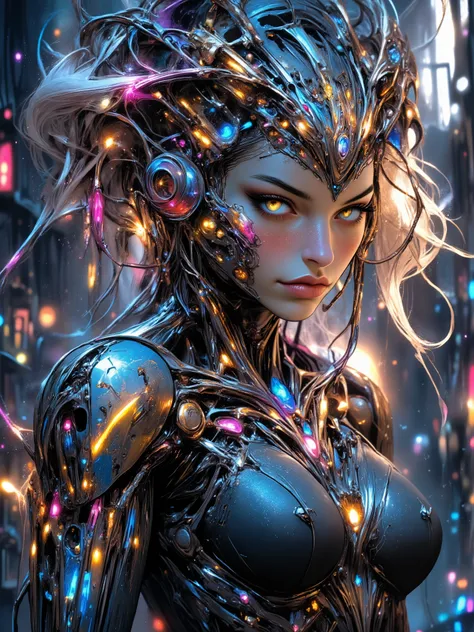 Anime biomechanical woman, ethereal cyberpunk fantasy, metallic wings, glowing runes, pastel colors, silver hair, luminous golden eyes, dreamy forest, soft mist, intricate details, soft lighting, highly detailed, fantasy sci-fi.