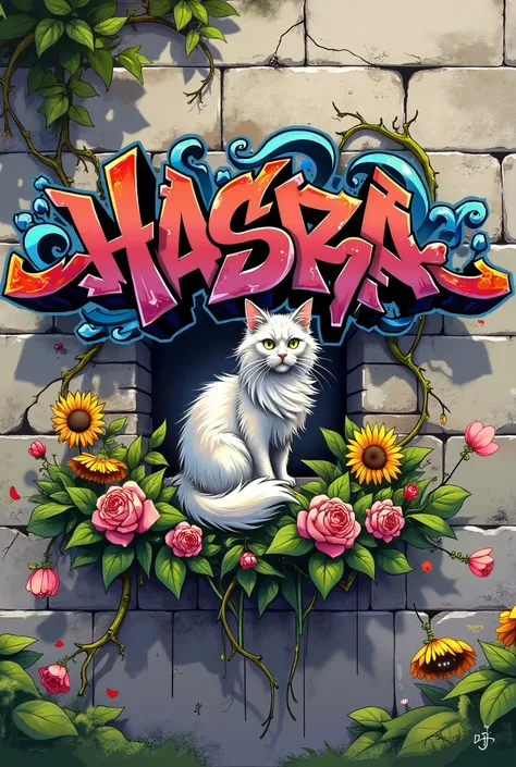 Cool graffiti spelling 'Hasra' on a stone wall background, white angora cat, roses and sunflowers, creeping roots, Chinese