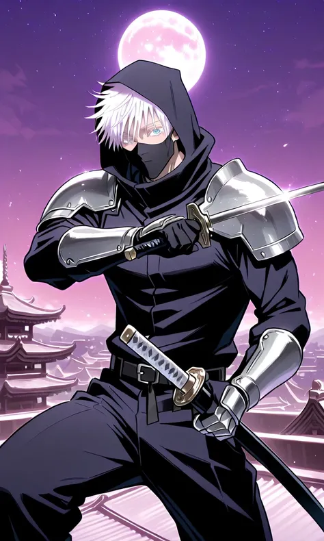1man, gojou satoru /(jujustu kaisen/), detailed eyes, blue eyes, white hair, short hair, detailed eyelashes, colored eyelashes, sexy man, trained body, muscular, handsome, cool, mature man
scar on right eye, moon, purple sky, standing on a rooftop, temple...