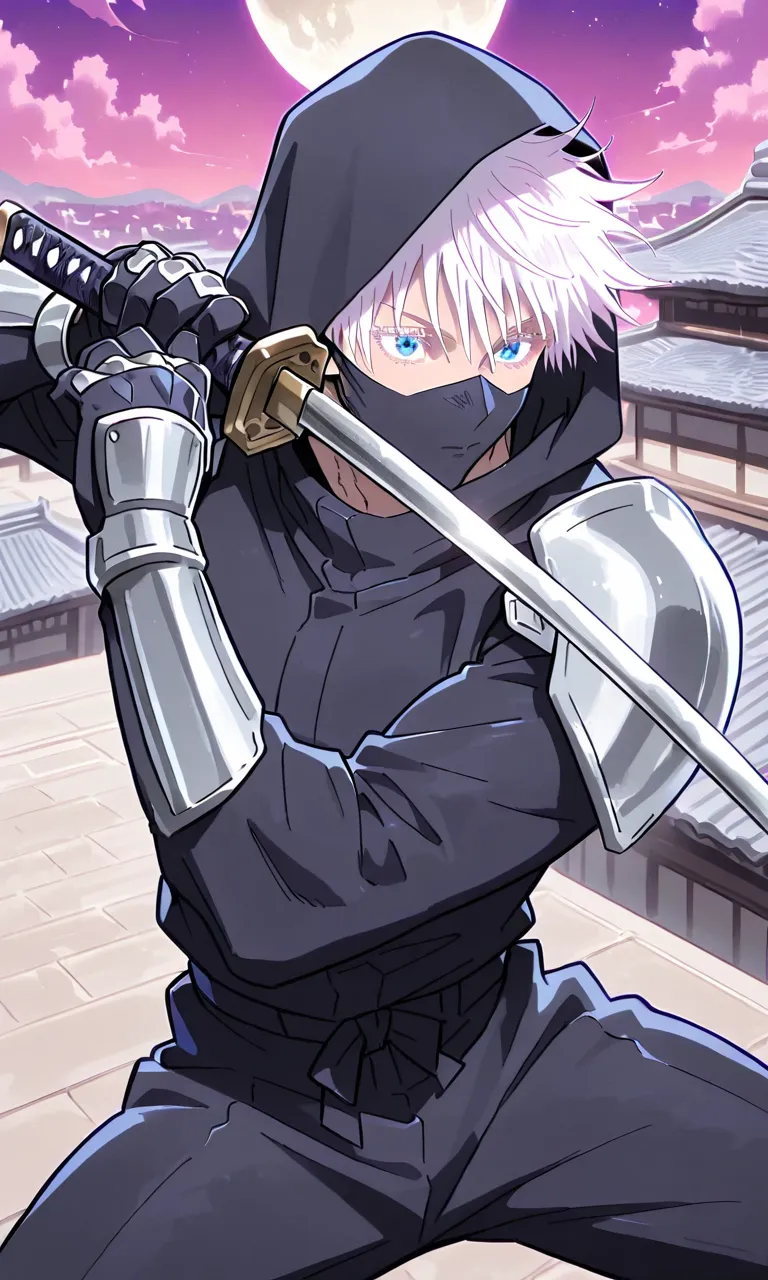 1man, gojou satoru /(jujustu kaisen/), detailed eyes, blue eyes, white hair, short hair, detailed eyelashes, colored eyelashes, sexy man, trained body, muscular, handsome, cool, mature man
scar on right eye, moon, purple sky, standing on a rooftop, temple...