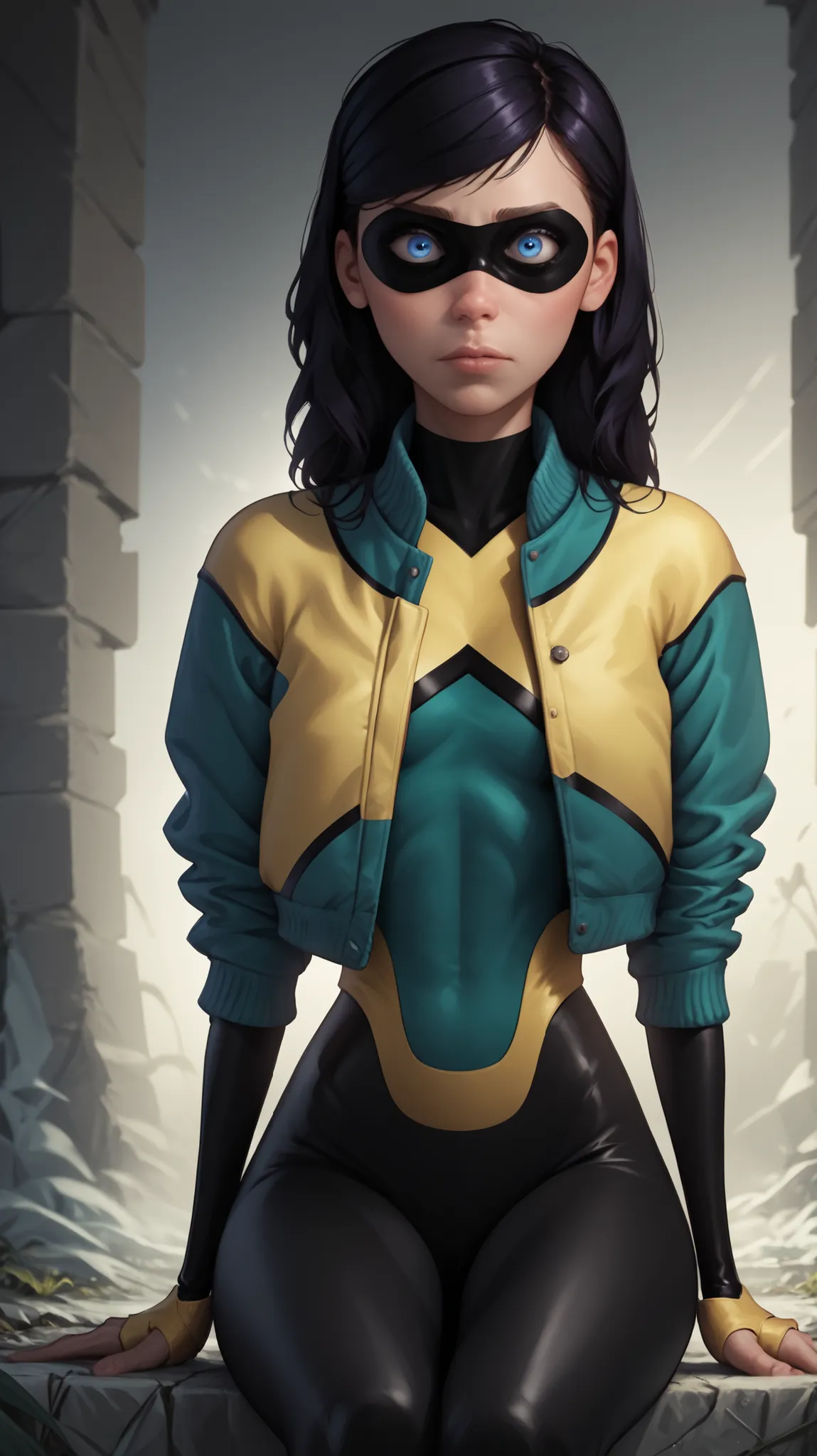 Violet parr wearing the bodysuit of Jeangreymarvelnow, jacket green and yellow, youthful skin, she has long straight black hair that falls below her shoulders , with a portion of her hair covering part of her face , she has big blue eyes , fair , youthful ...