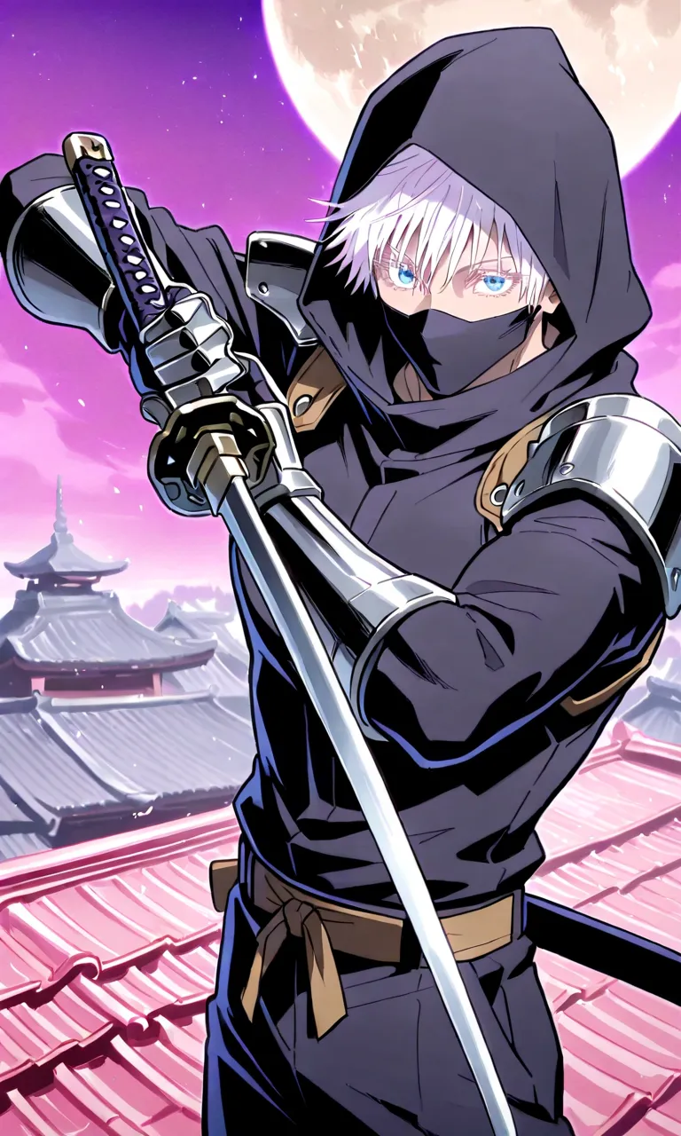 1man, gojou satoru /(jujustu kaisen/), detailed eyes, blue eyes, white hair, short hair, detailed eyelashes, colored eyelashes, sexy man, trained body, muscular, handsome, cool, mature man
scar on right eye, moon, purple sky, standing on a rooftop, temple...