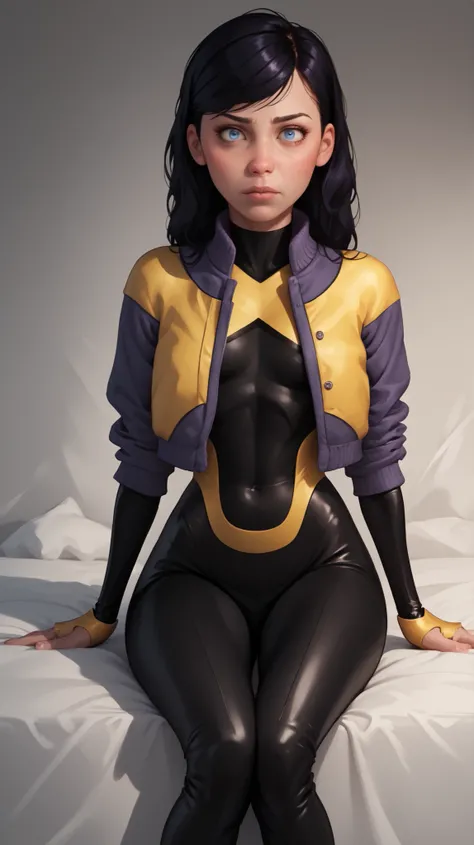 Violet parr wearing the bodysuit of Jeangreymarvelgirl, jacket green and yellow,  she has big , long , straight black hair that falls below her shoulders , with a portion of her hair covering part of her face , she has big blue eyes , fair , youthful skin,...