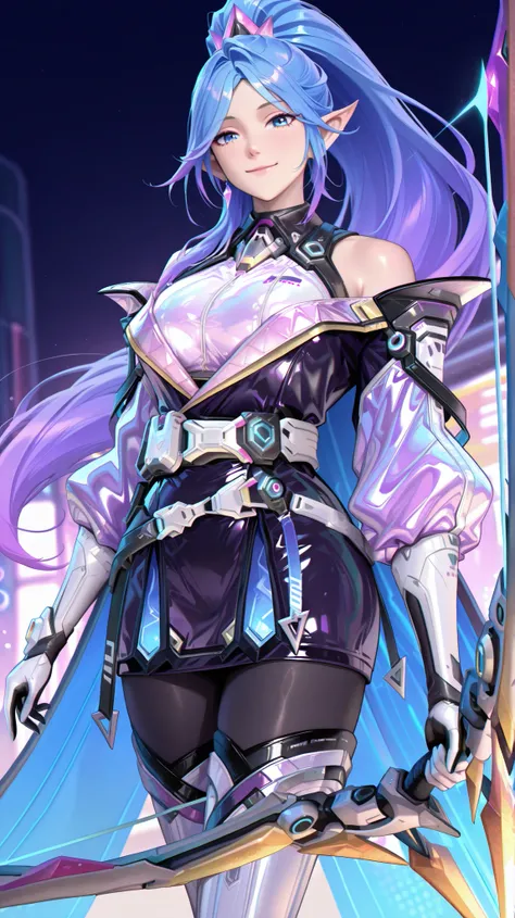 masterpiece, best quality, ultra-detailed, absurdres, newest,1girl, solo, miyaatomic, long hair, multicolored hair, purple hair, blue hair, blue eyes, pointy ears, futuristic outfit, jacket, belt, gloves, thigh boots, black pantyhose, cape, beautiful face,...